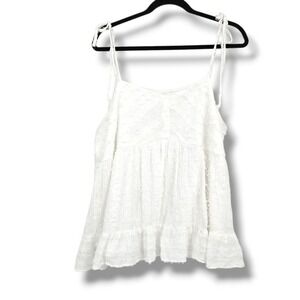 Perfectly Priscilla White Textured Babydoll Tiered Ruffle Tie Strap Top Plus‎ 1X